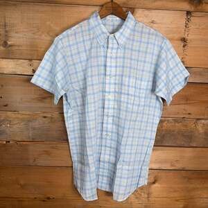 Vintage Permanent Press Short Sleeve Button Down Plaid Shirt Blue Orange